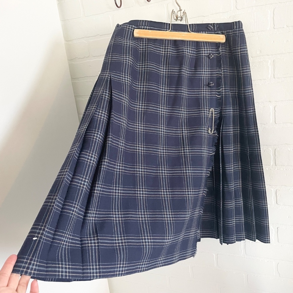 Vintage Wool Navy Plaid Midi Skirt - Picture 5 of 12